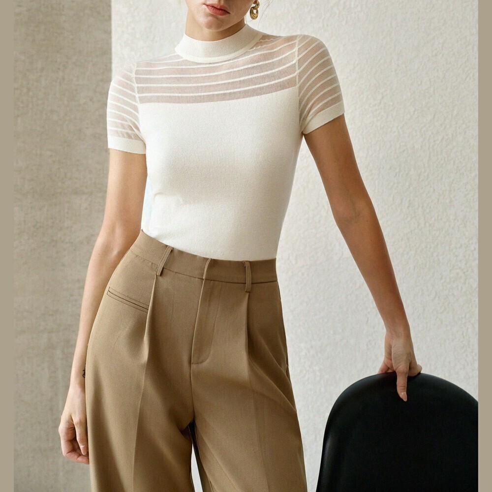 Cream Knit Sheer Striped Yoke Mock Neck Short Sleeve Top Tee